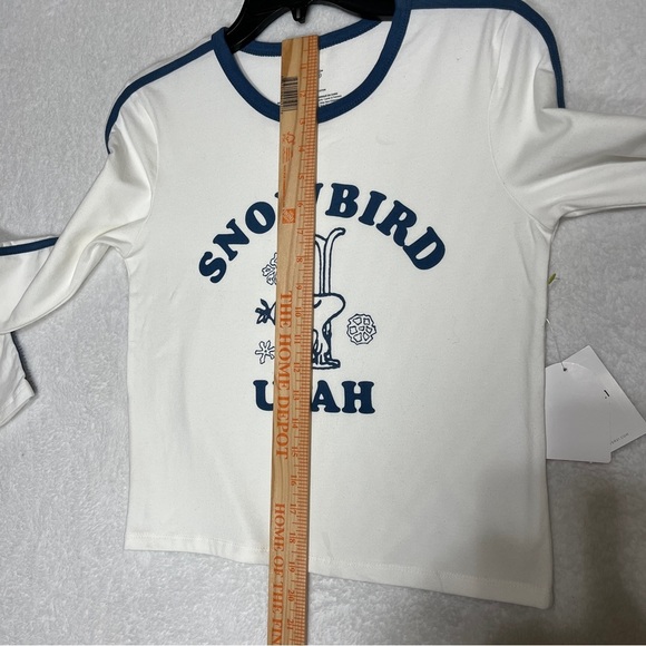 FOREVER 21 PEANUTS Long Sleeve Tshirt Woodstock "Snowbird Utah" White Blue Med. - Picture 11 of 12